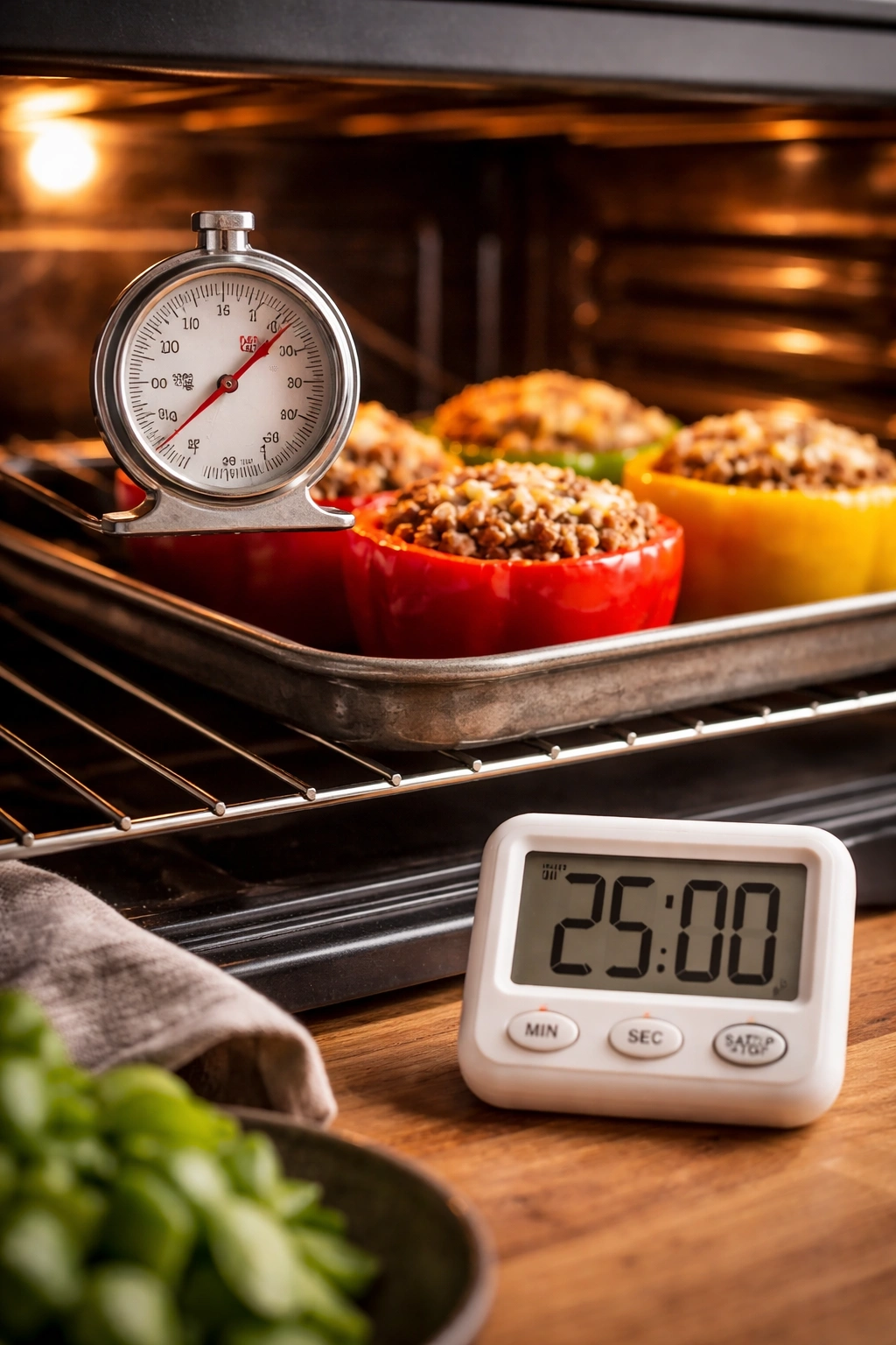 Close-up of an oven thermometer and timer with peppers nearby illustrating precise temperature and timing for perfect stuffed peppers