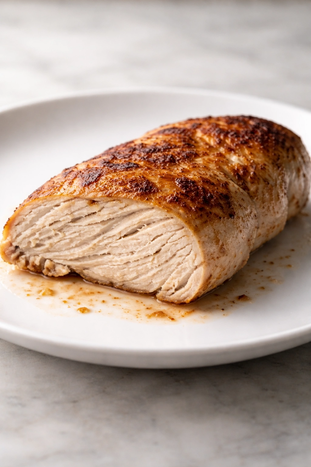 Dry overcooked chicken piece on plate