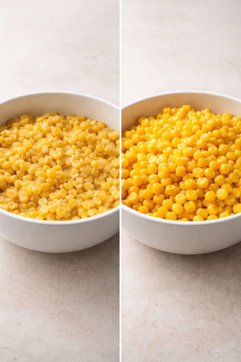 Mushy overcooked corn vs properly cooked corn in separate bowls