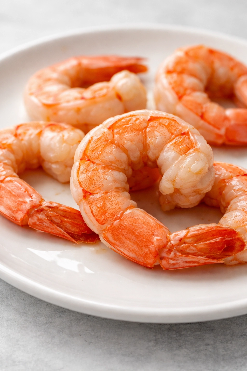 Close-up of overcooked shrimp on a white plate showing rubbery texture