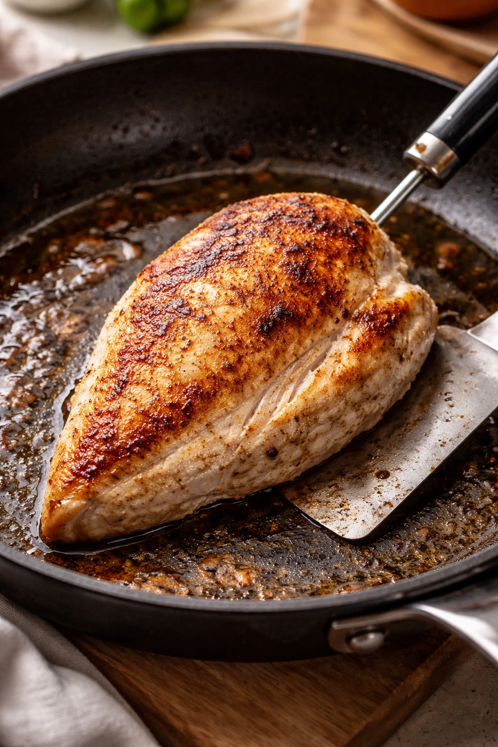 Overcooked chicken breast in a pan showing dry edges