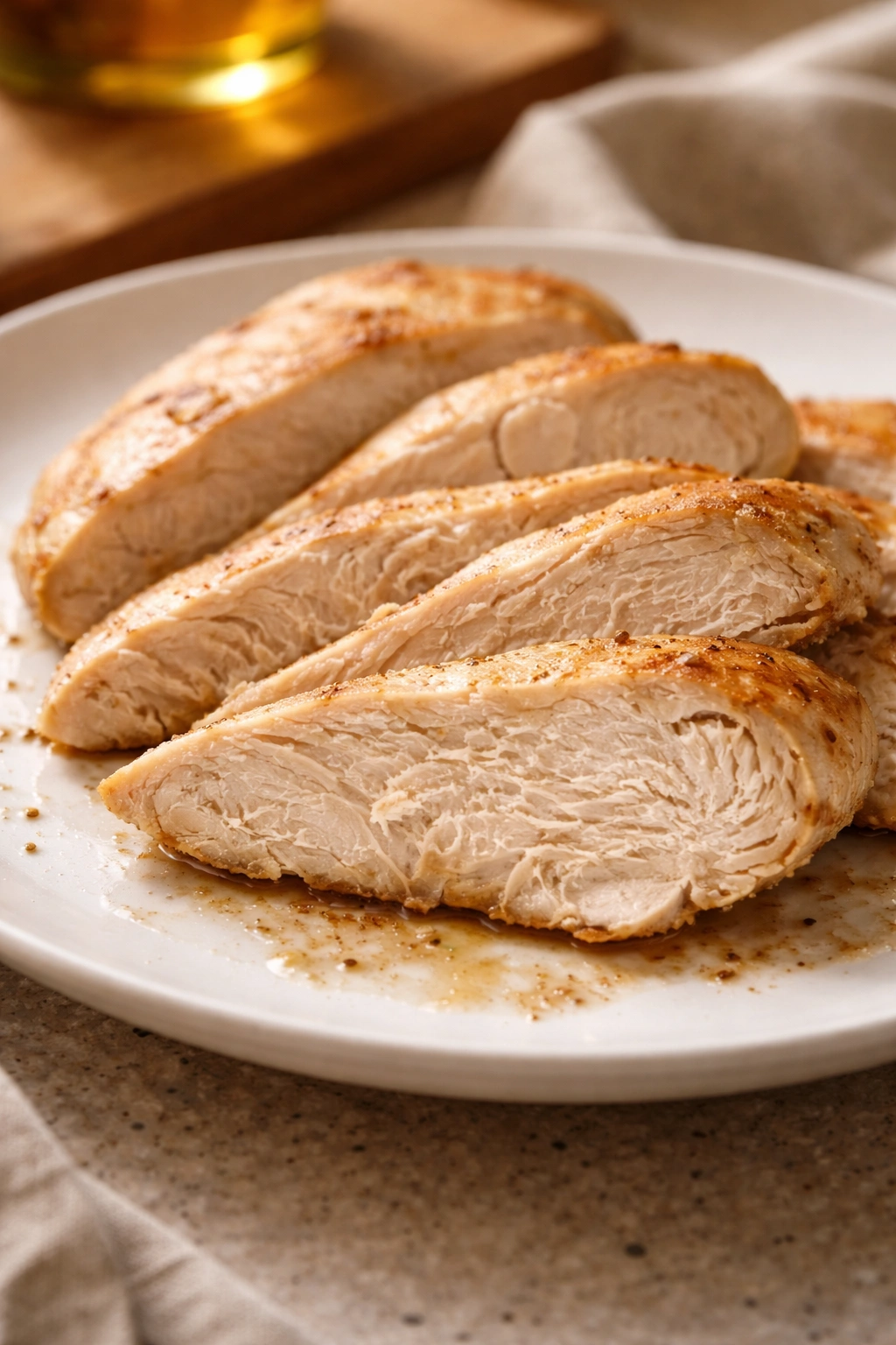 Dry overcooked chicken breast slices on a plate illustrating common cooking mistakes