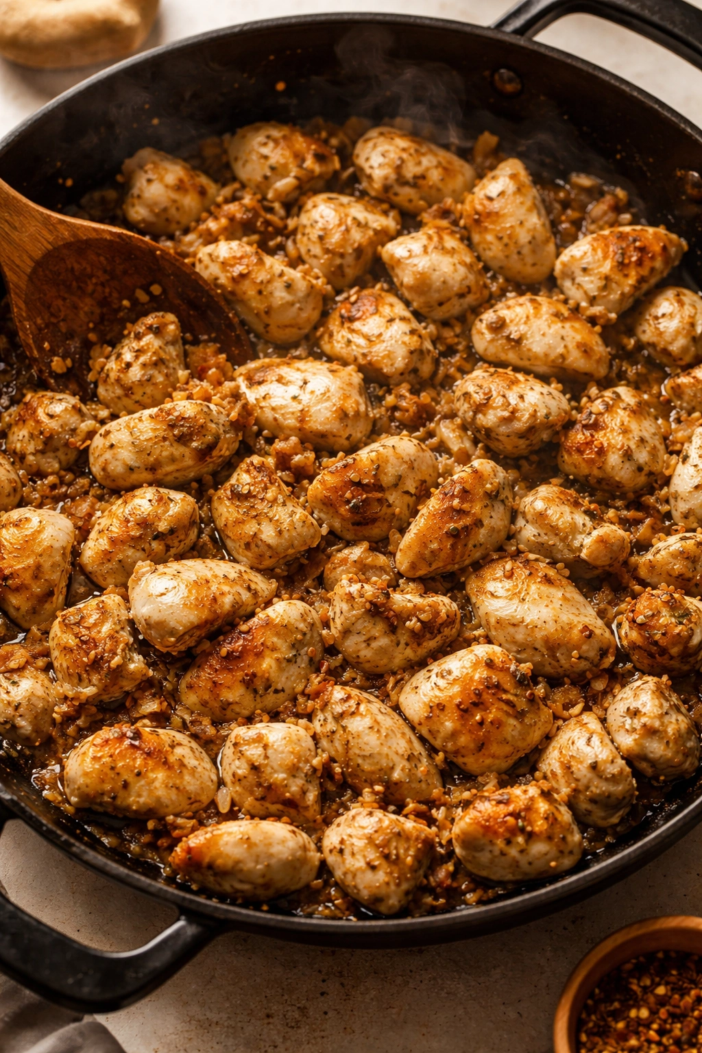 Overcrowded chicken in a skillet illustrating a cooking mistake
