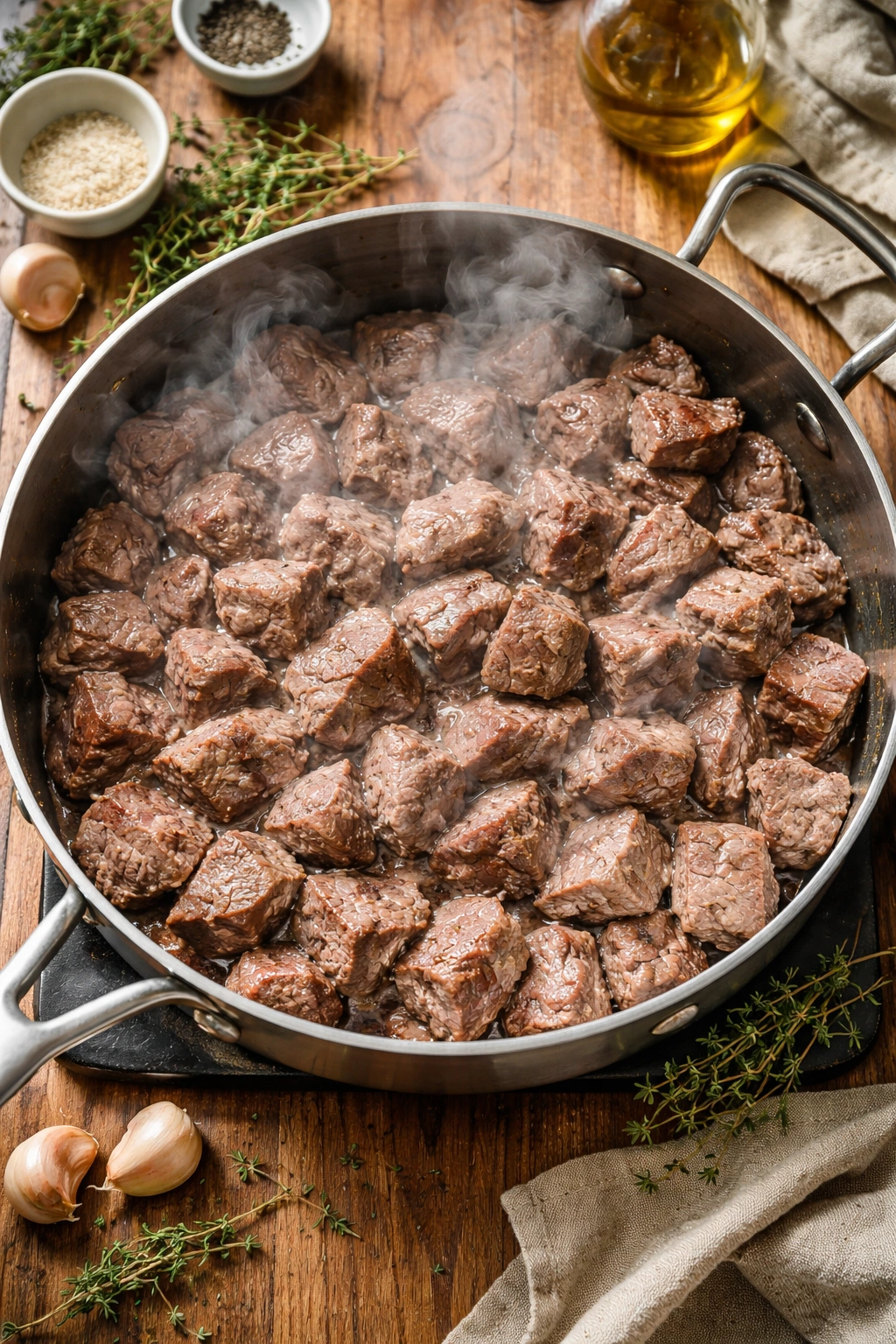 Pan crowded with meat showing overcrowding