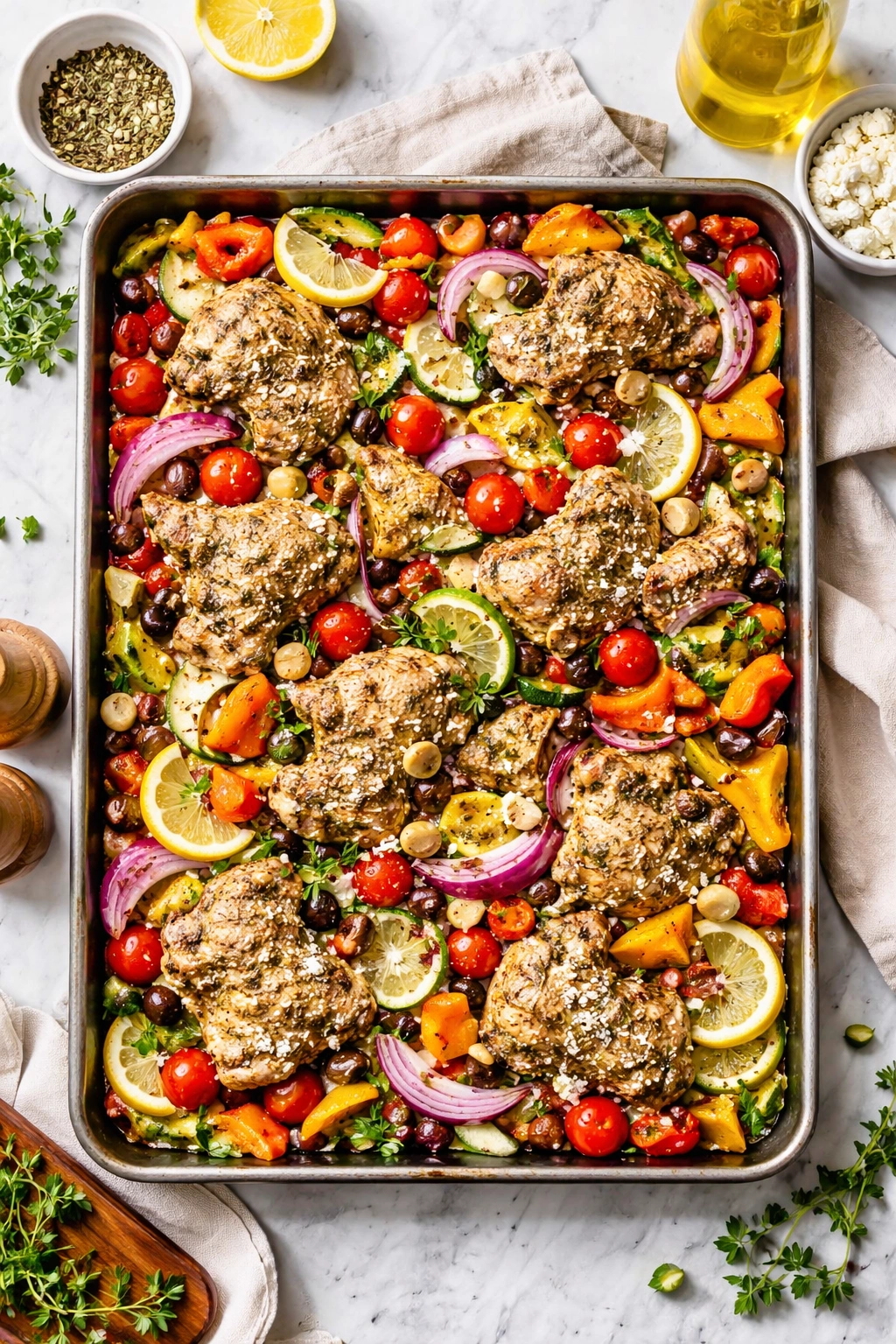 Overcrowded sheet pan with vegetables crowding each other