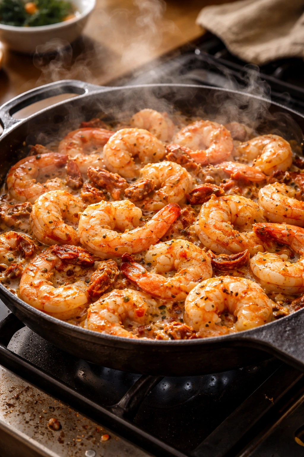 Overcrowded skillet with shrimp showing poor sear