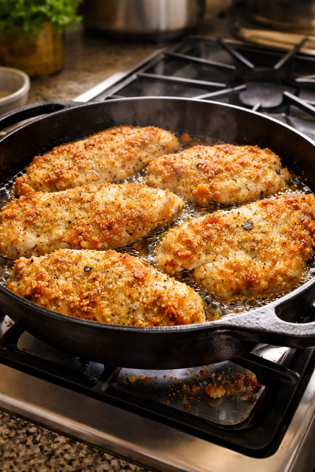 Overcrowded pan with chicken cutlets browning unevenly