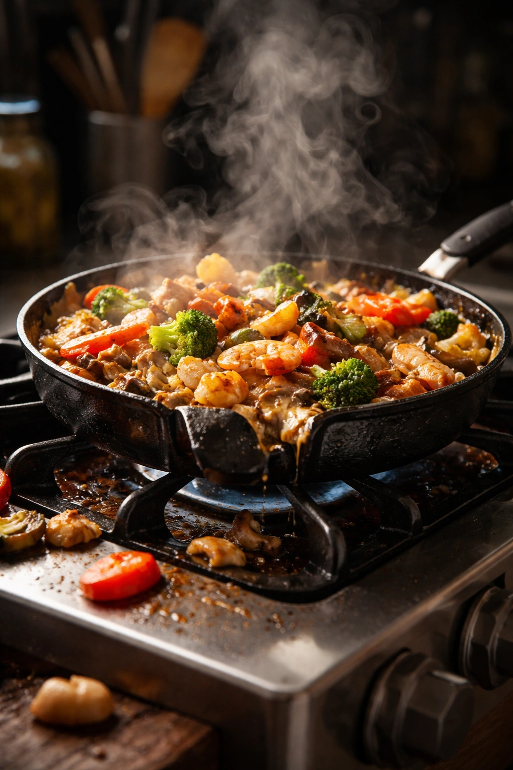 Overcrowded pan with ingredients on a hot stove