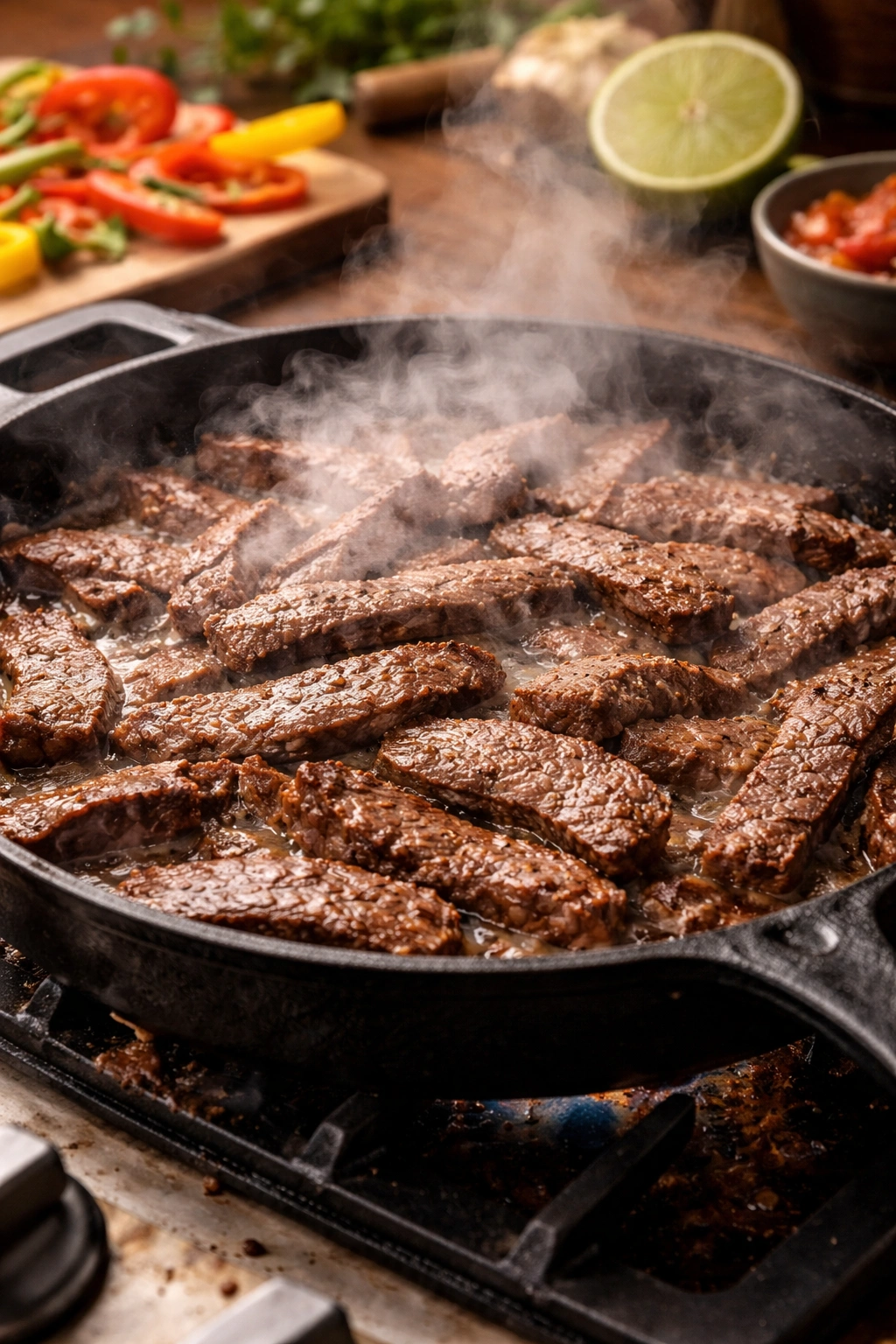 Overcrowded skillet with steak pieces steaming