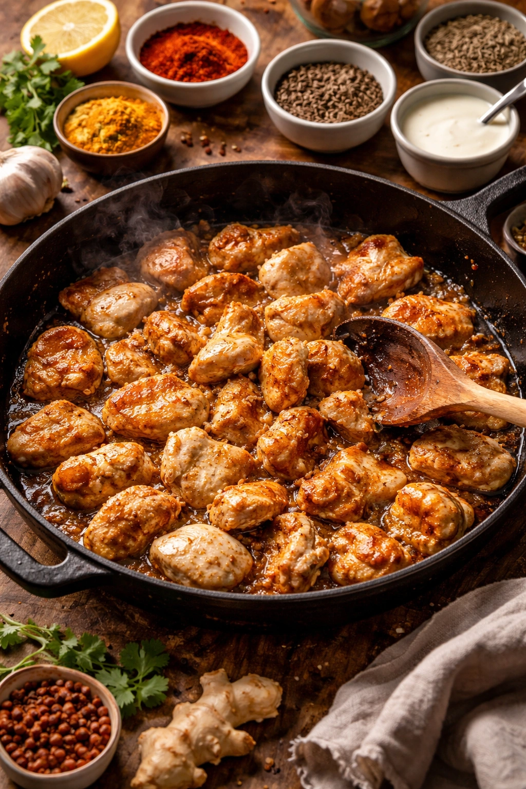 Close-up of unevenly browned chicken in a skillet due to overcrowding