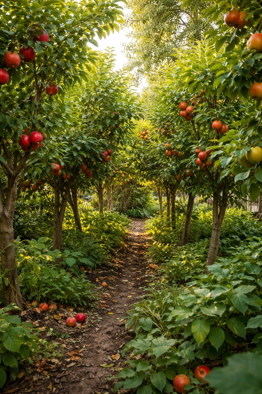 Overcrowded fruit trees in a small garden showing poor spacing and sunlight
