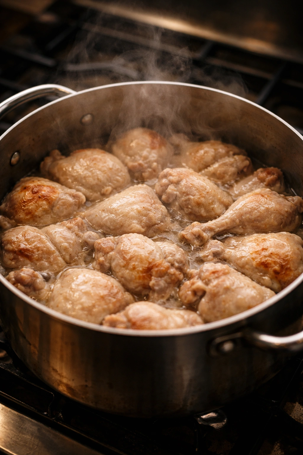 Overcrowded pot with crowded chicken illustrating a common cooking mistake