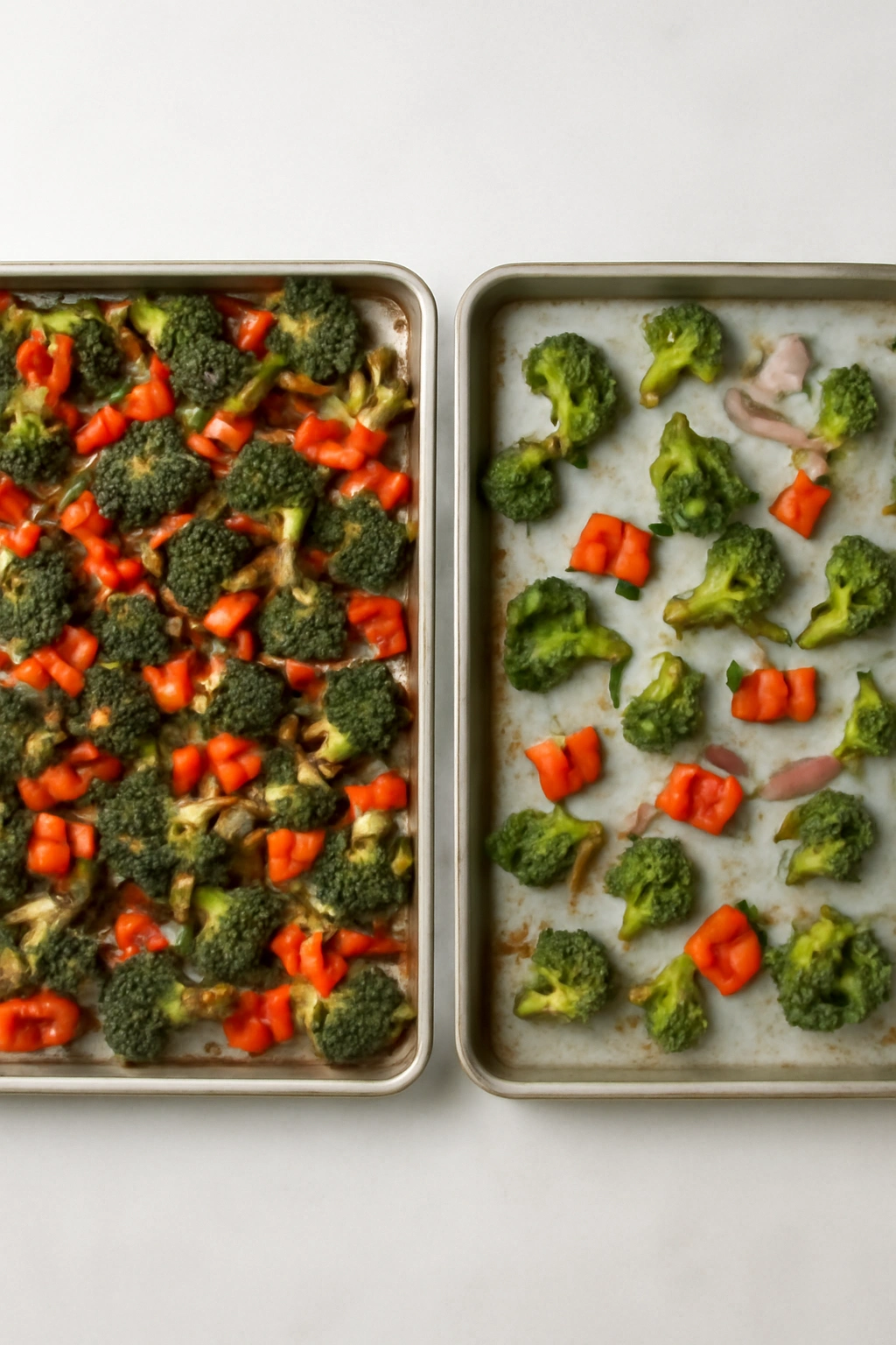 Two sheet pans showing overcrowded vs properly spaced roasting.