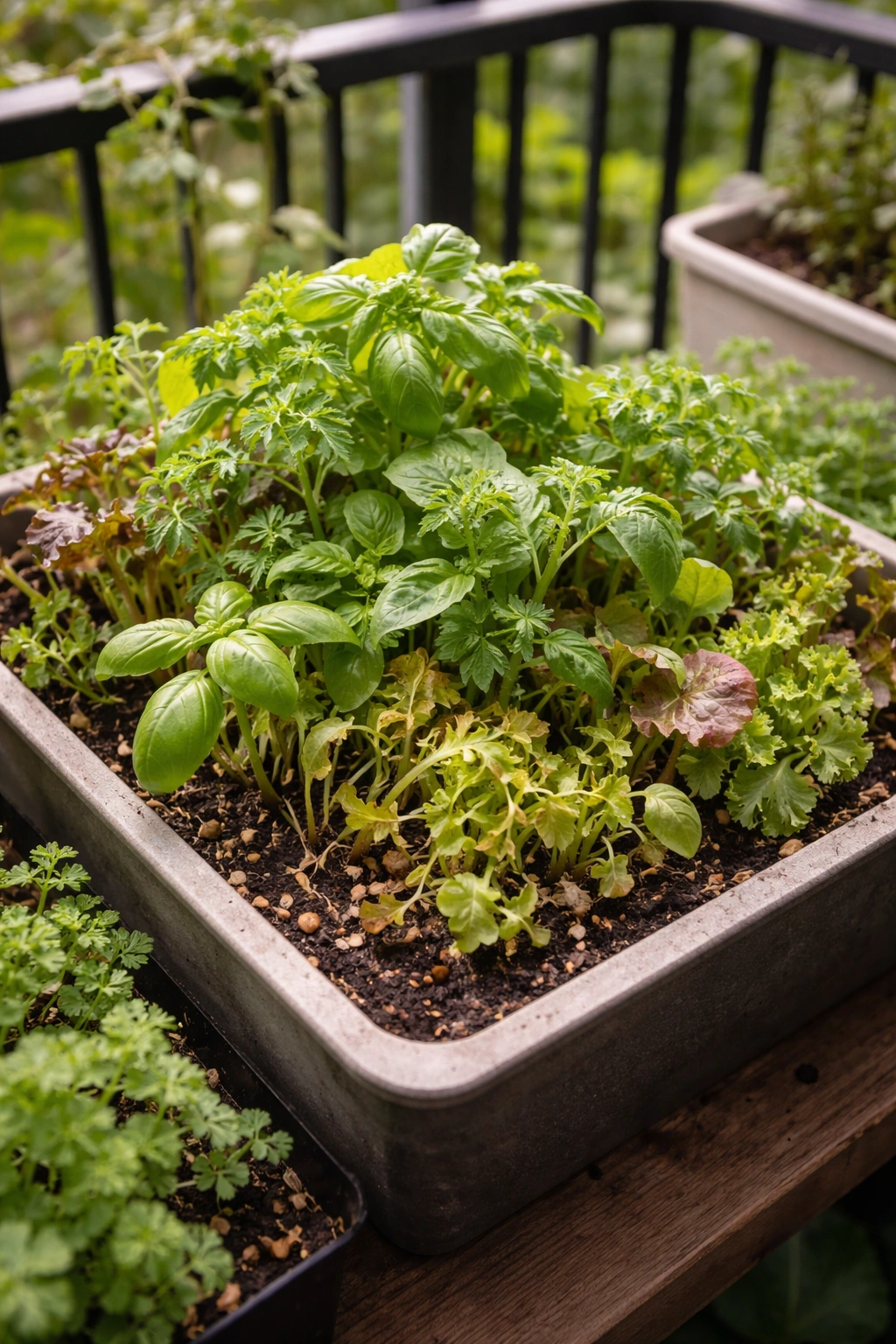 Overcrowded container garden on a small balcony showing stressed plants to illustrate common mistakes in small-space gardening