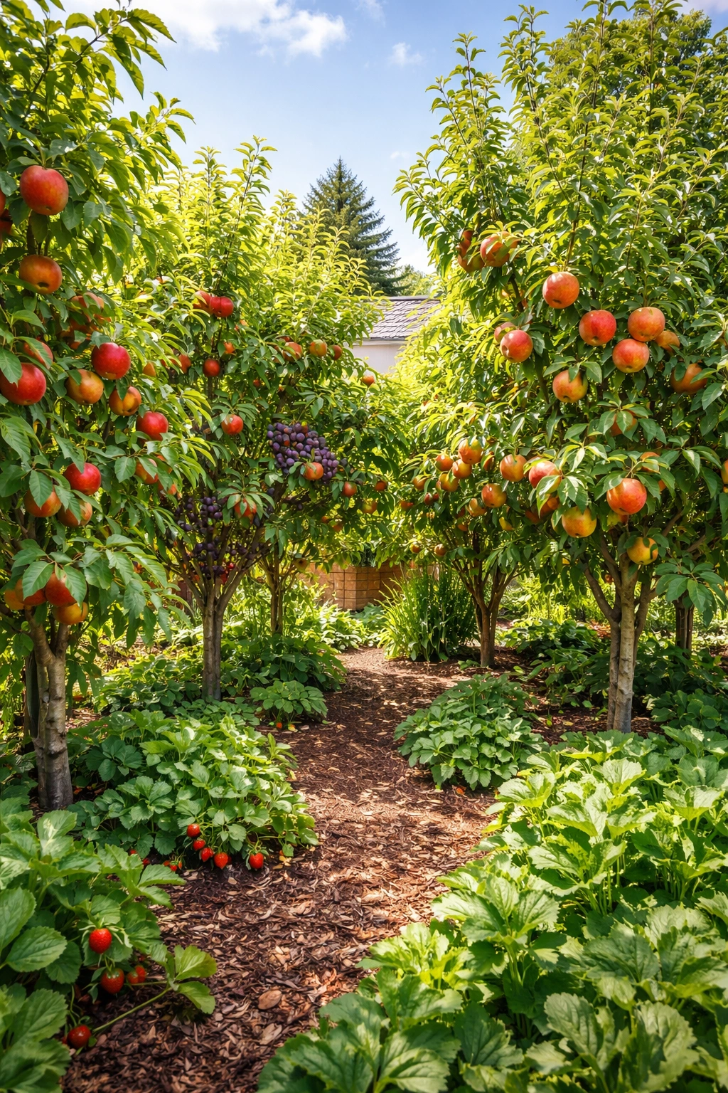 Overcrowded fruit trees tightly spaced in a small garden.