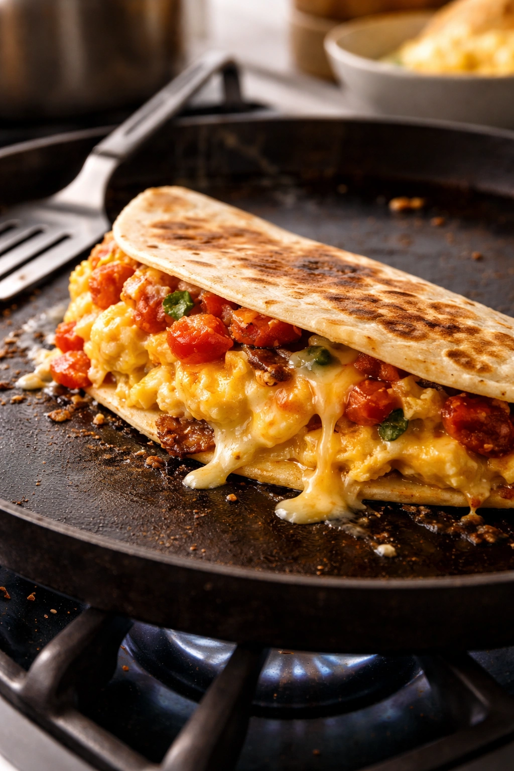 Overfilled breakfast quesadilla failing to cook evenly on a griddle