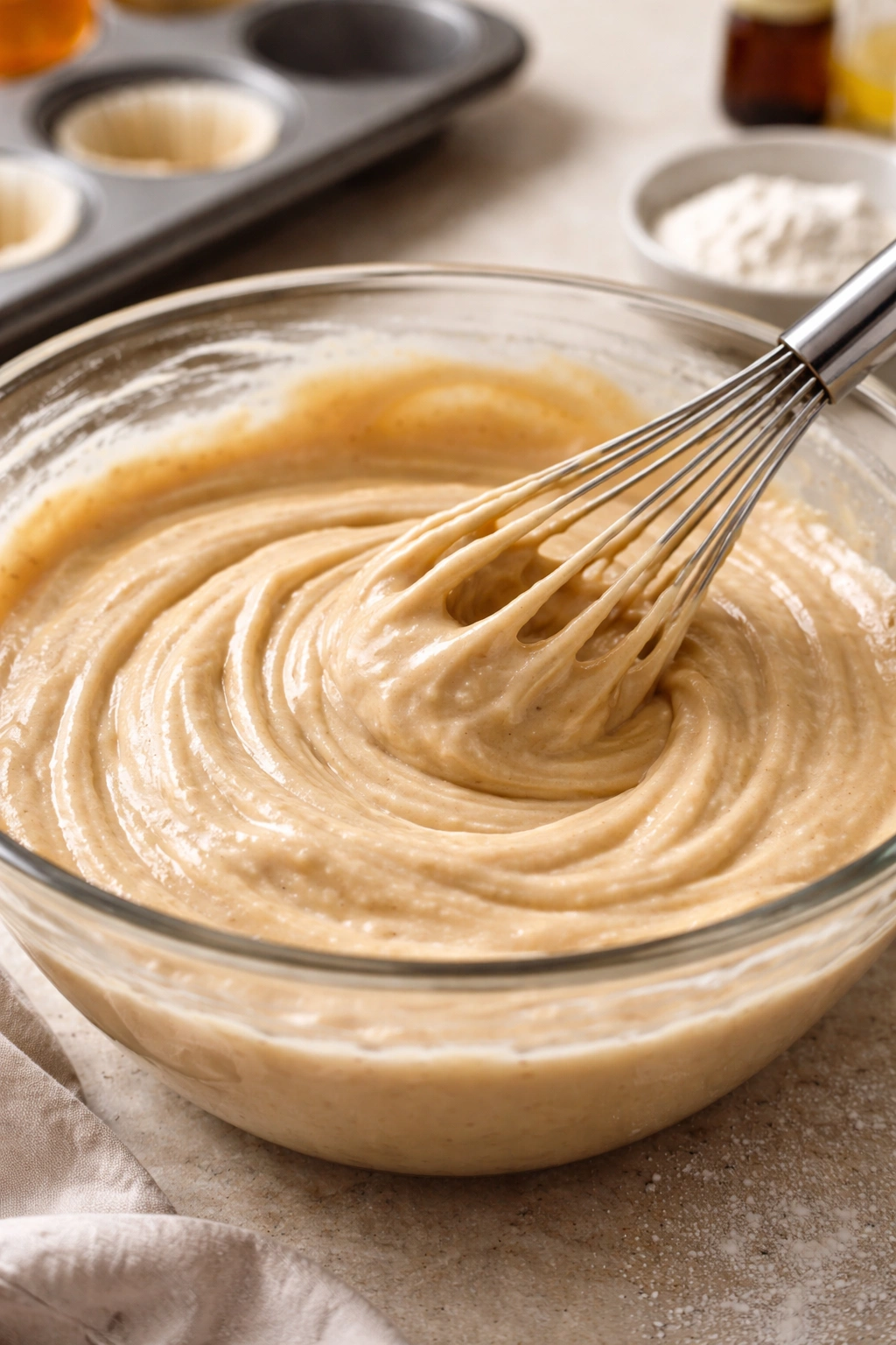 Glossy batter in a mixing bowl with a whisk