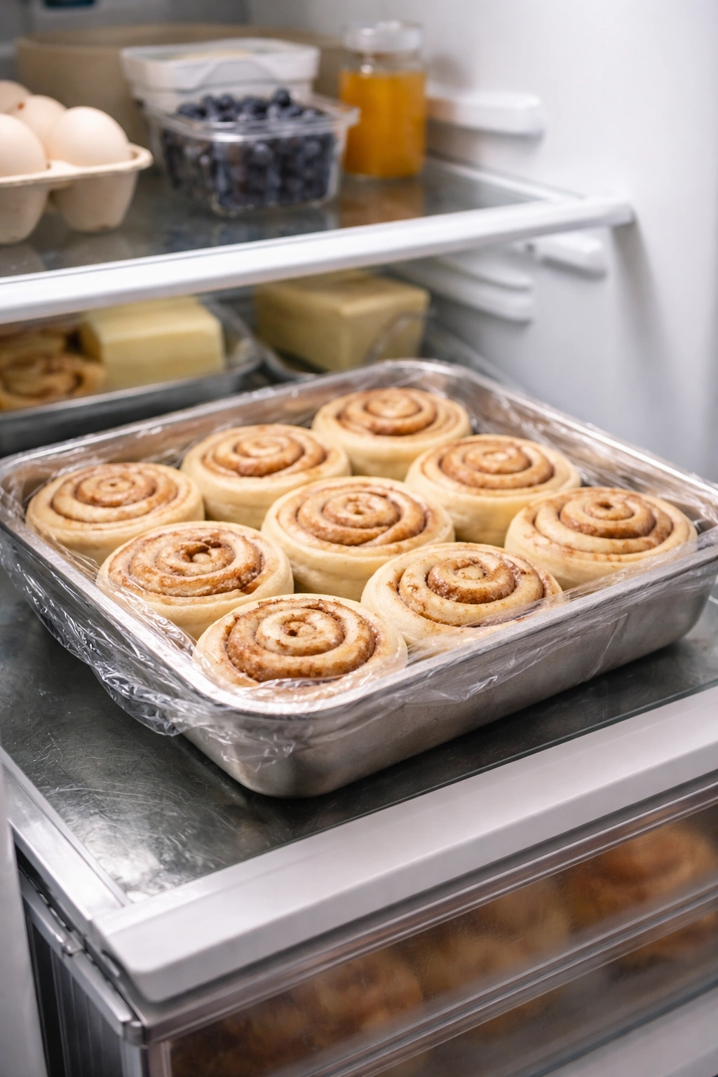Cinnamon rolls arranged in a pan ready for overnight refrigeration