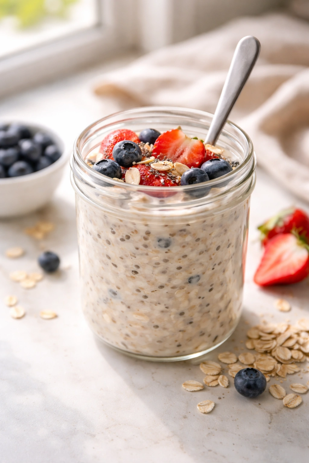 Close-up of creamy overnight oats in a glass jar on a kitchen counter