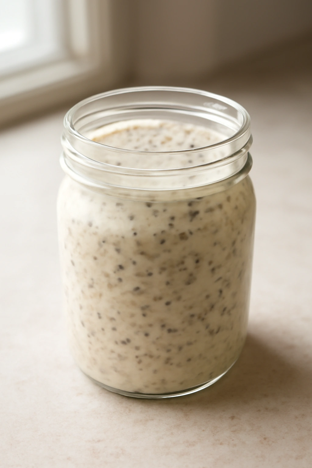 Creamy overnight oats in a glass jar on a clean kitchen counter