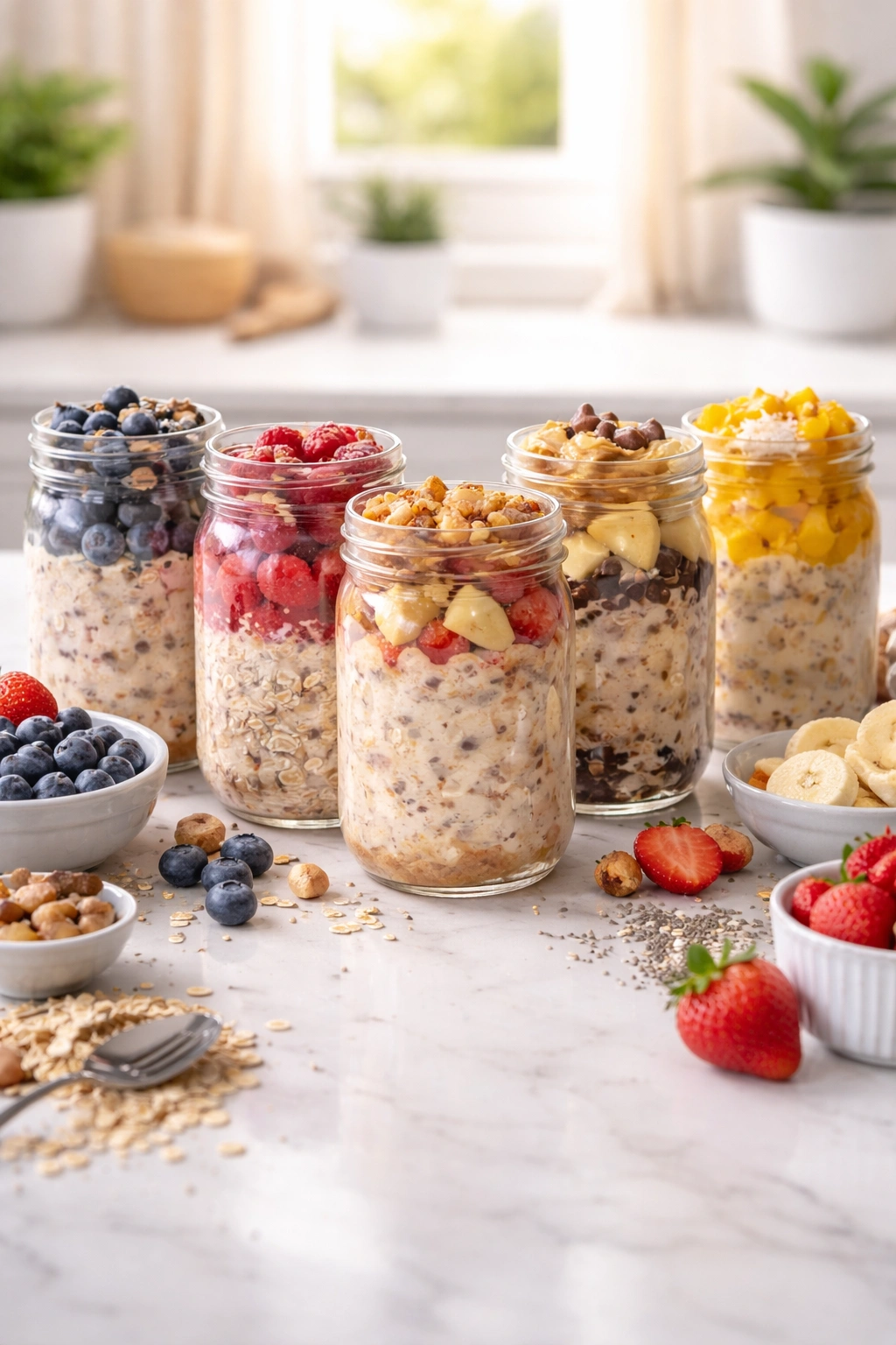 Mason jars of overnight oats with various mix-ins.