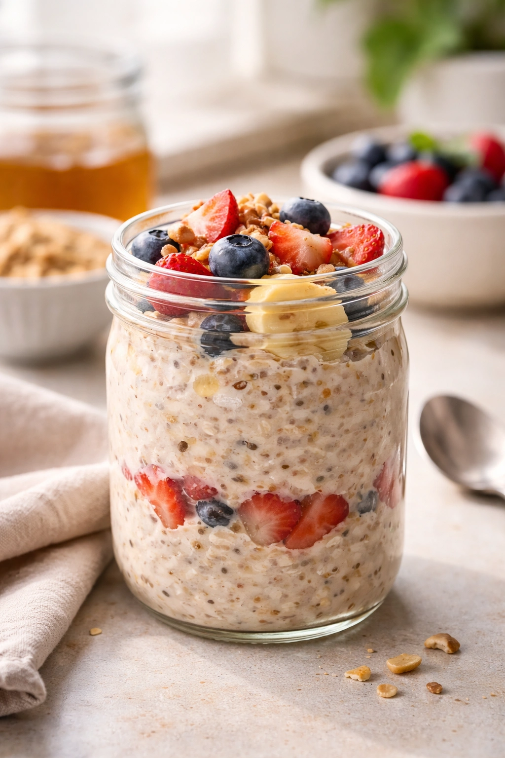 Close-up of creamy overnight oats in a glass jar on a clean kitchen counter for meal prep