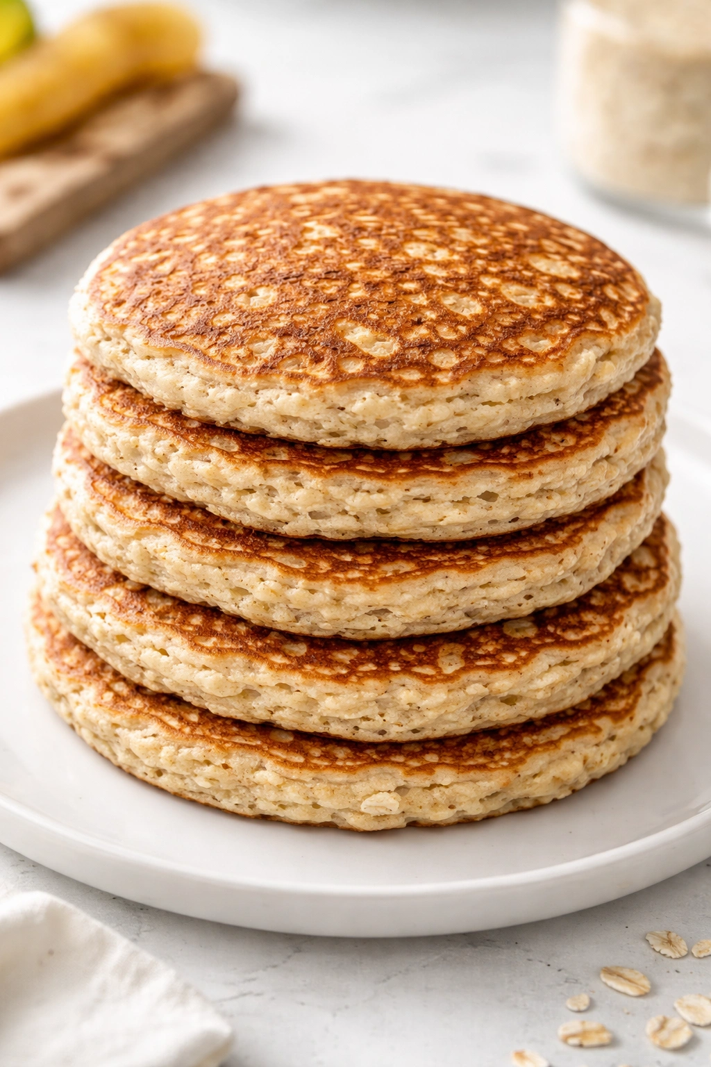 Stack of overnight oats pancakes with visible oats texture