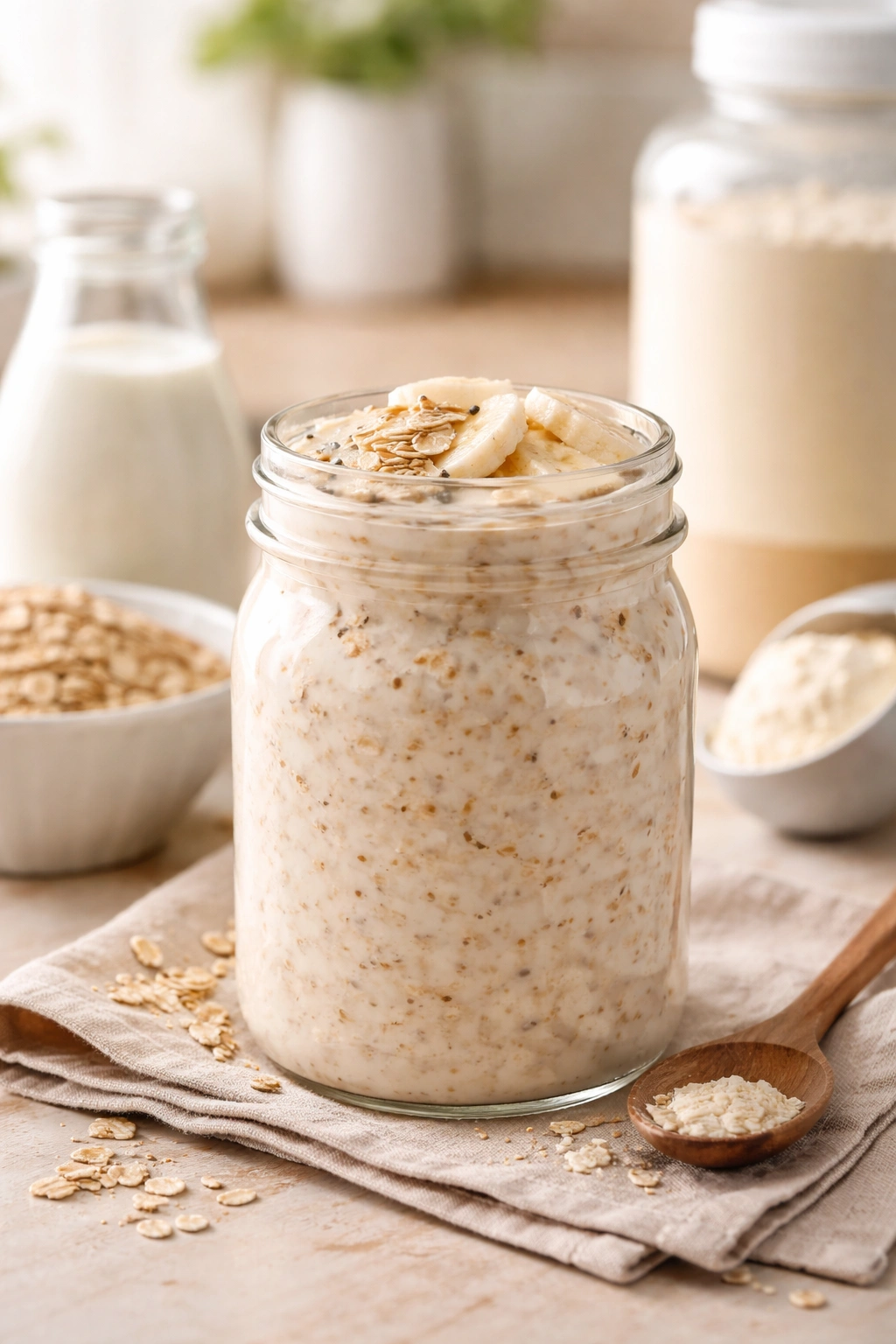 Mason jar of overnight oats with creamy texture in natural light