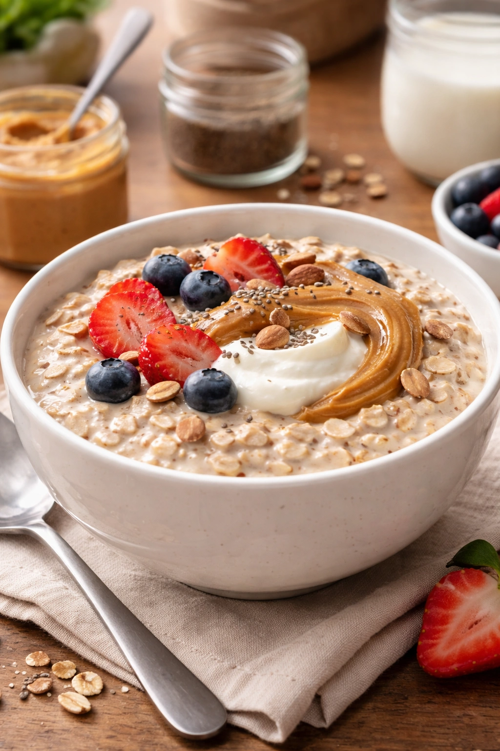 Creamy overnight oats topped with Greek yogurt and almond butter