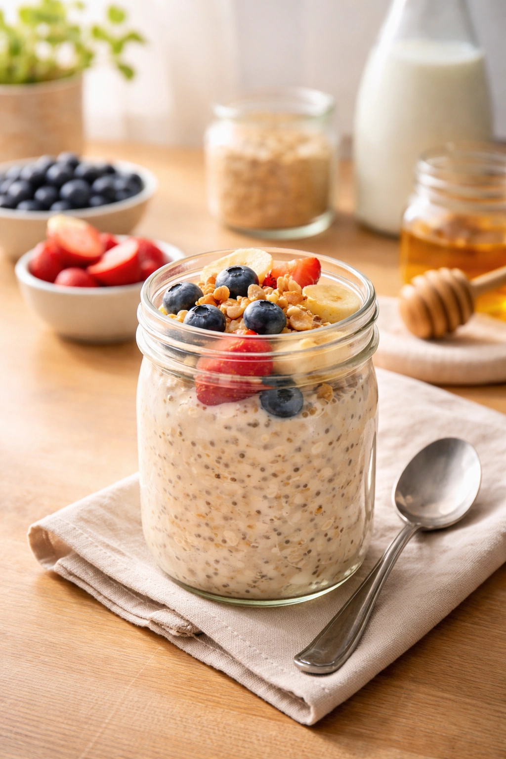 Jar of classic overnight oats on a kitchen counter, representing a breakfast routine