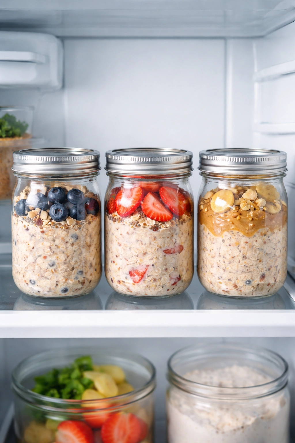 Three glass jars of overnight oats on a fridge shelf, showing make-ahead storage