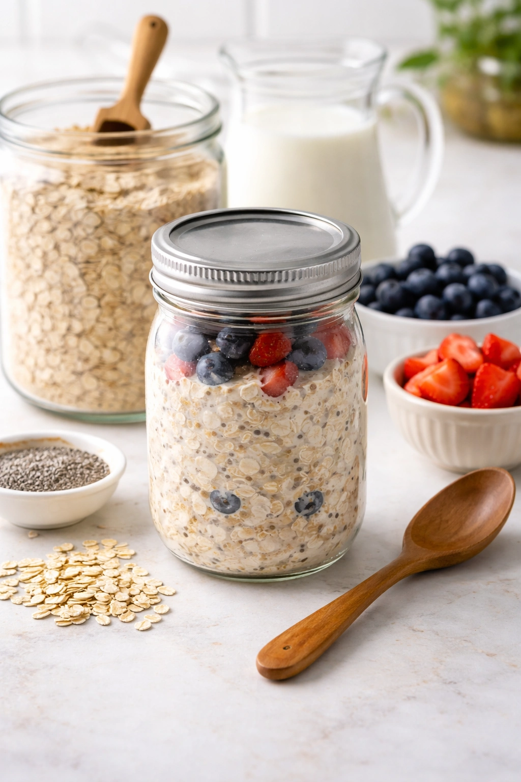 Mason jar with lid ready for overnight oats, illustrating the prep system