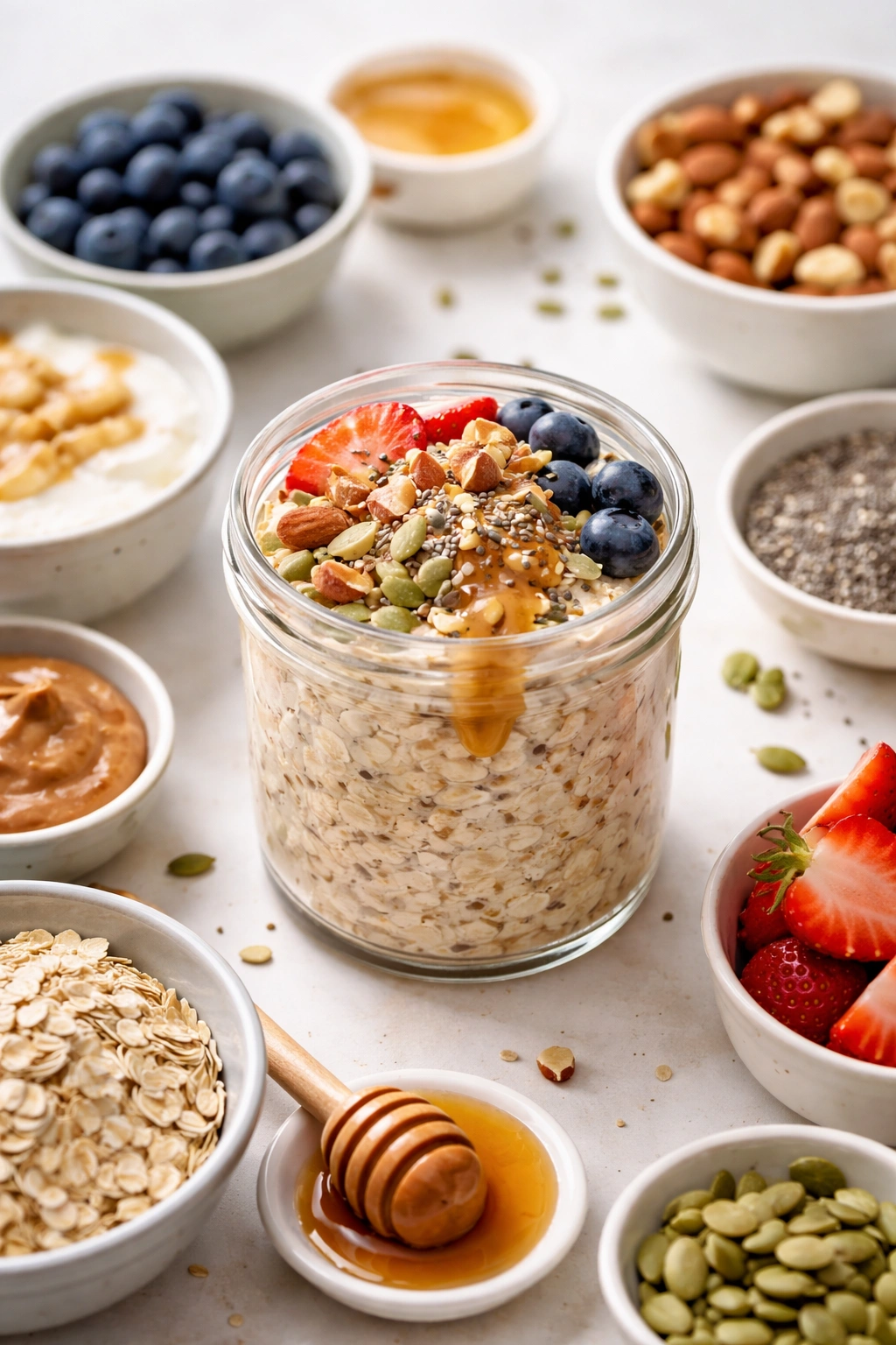 Overnight oats with varied toppings in a single jar showing possible variations