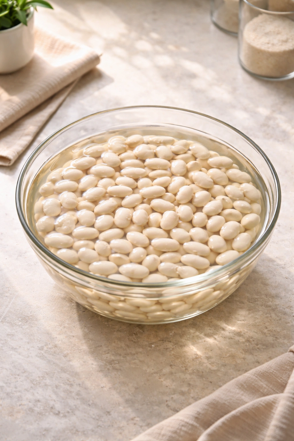 Soaked beans in a glass bowl submerged in water on a counter