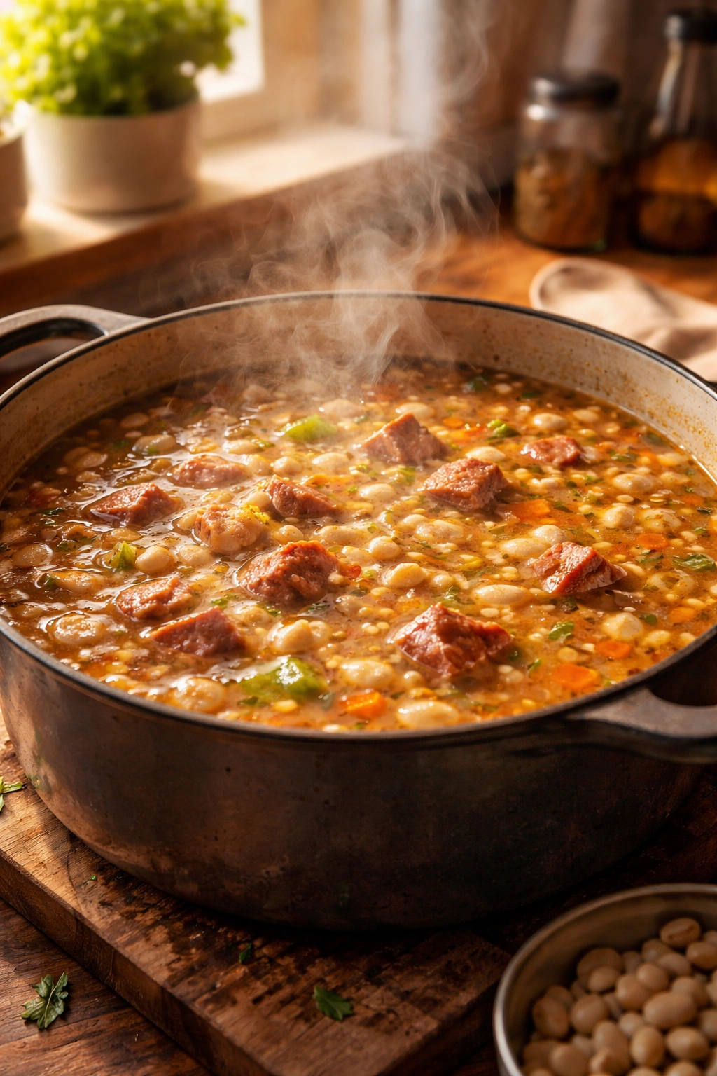 Close-up of thick, glossy ham and bean soup in a pot, suggesting overnight thickening.