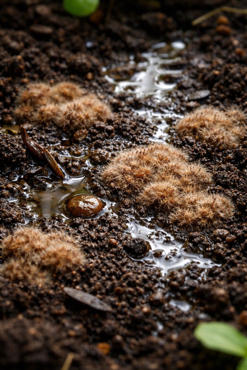 Waterlogged soil with brown fungal patches and moisture droplets