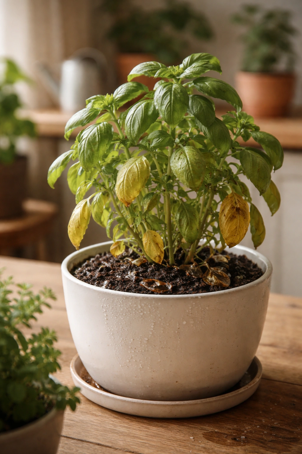 Overwatered herb showing yellow leaves and wet soil