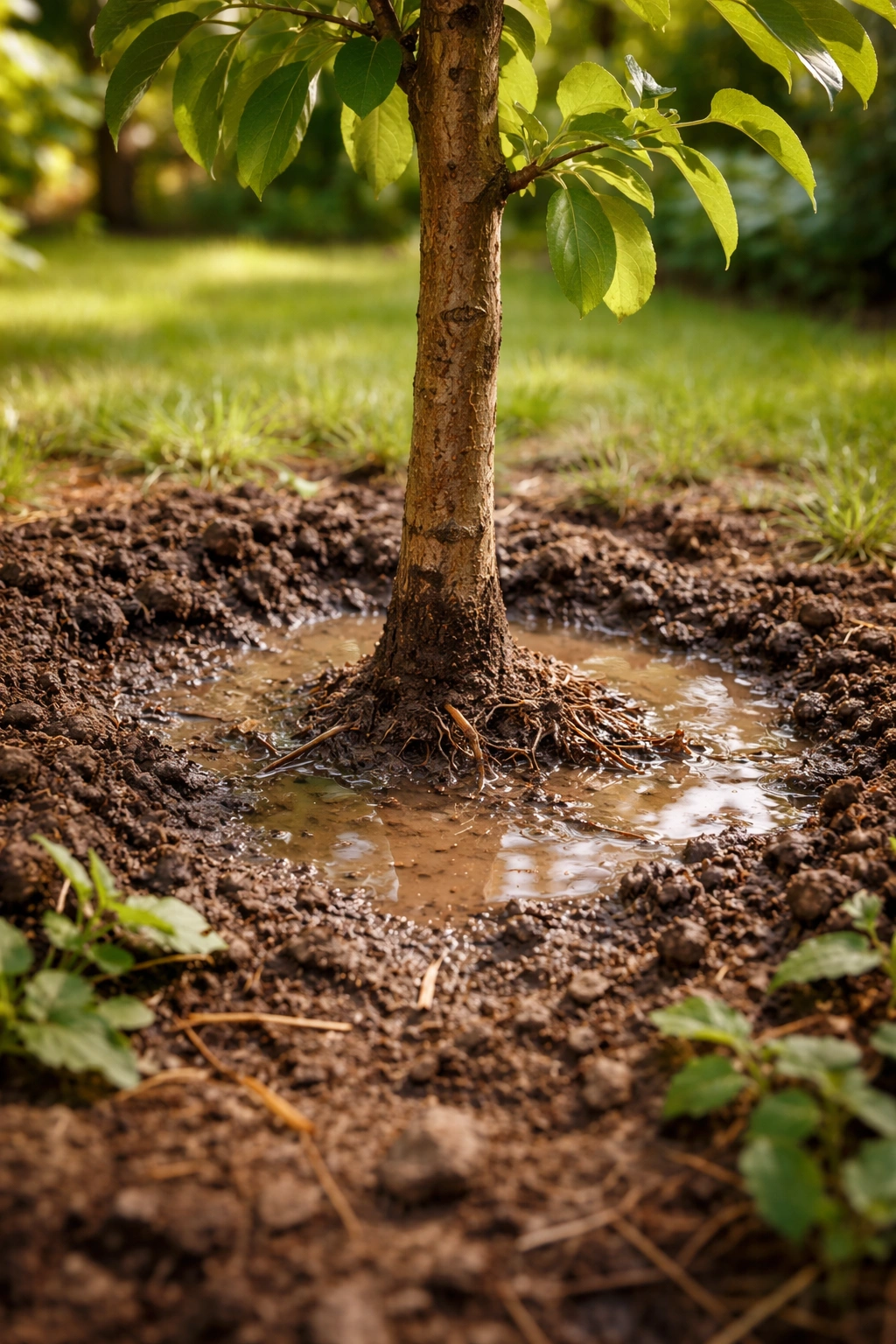 Young fruit tree base with soggy soil and no mulch