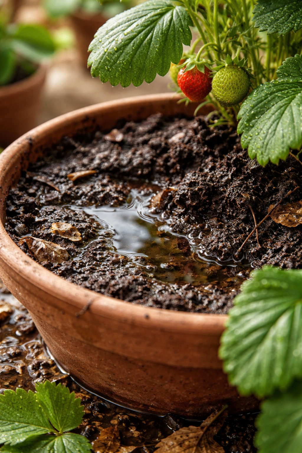Soggy soil around a potted plant illustrating overwatering mistake