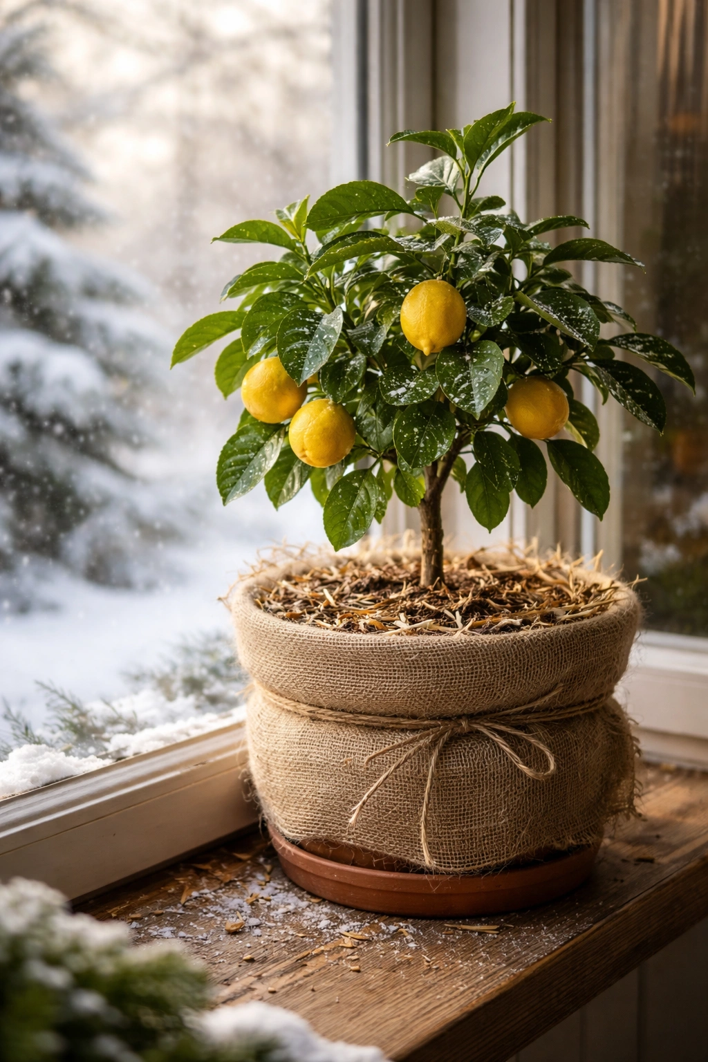 Potted fruit plant in insulation for overwintering on a windowsill