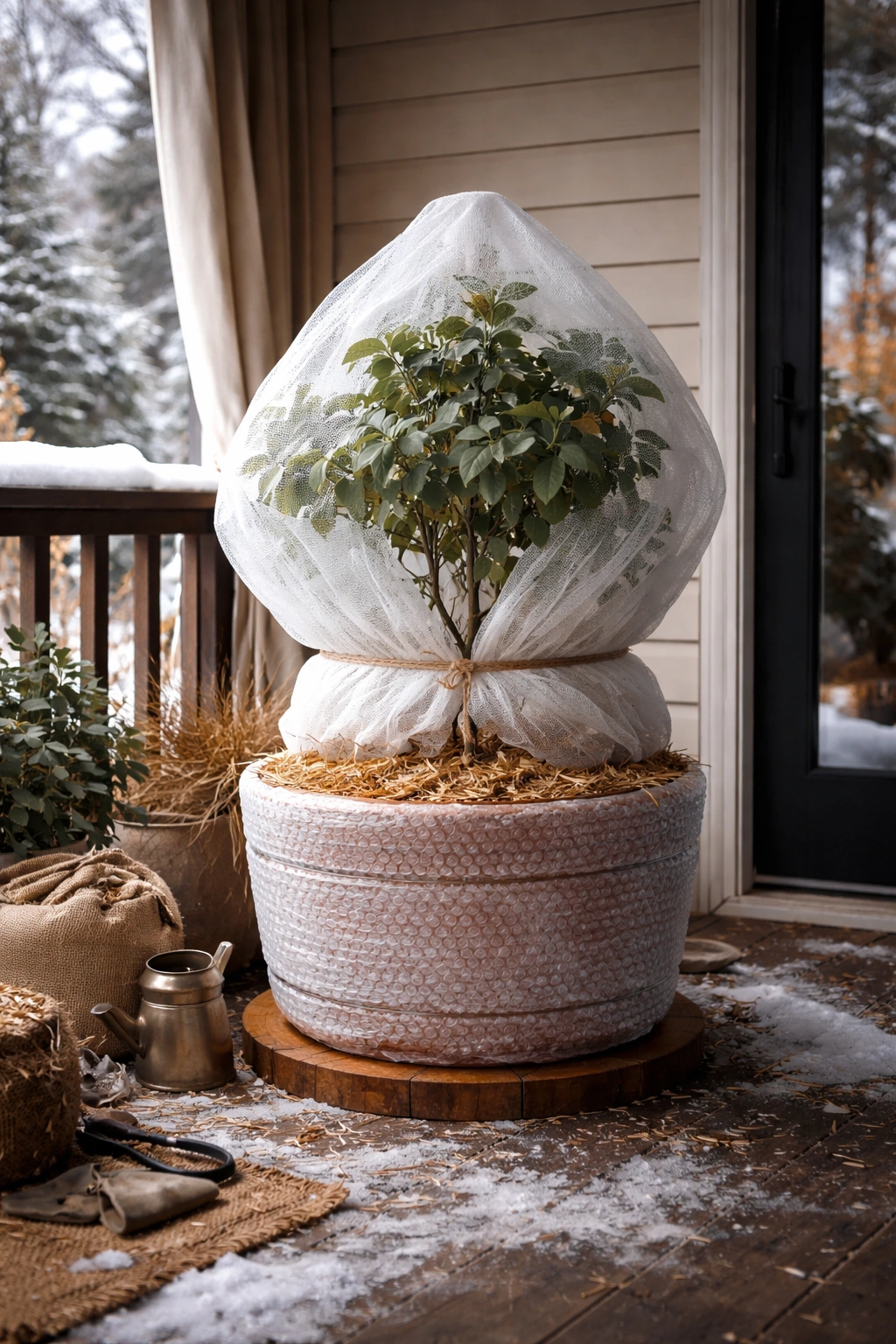Container fruit plant protected for winter in a sheltered porch