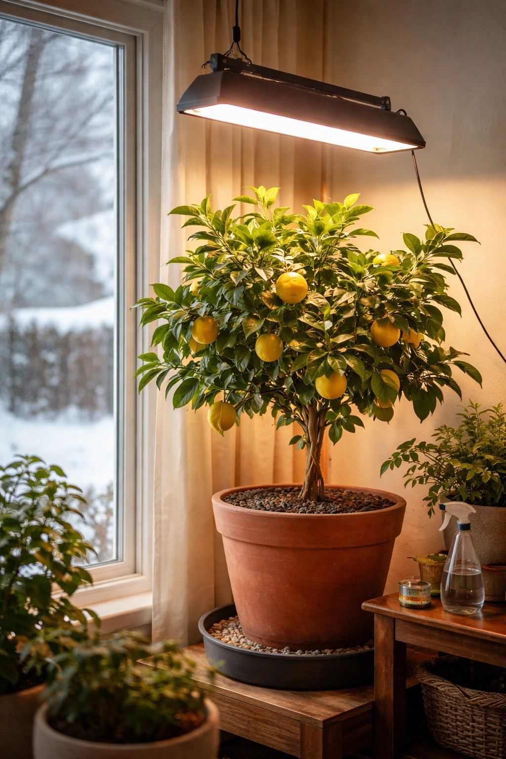 Potted fruit plant indoors by window with grow light