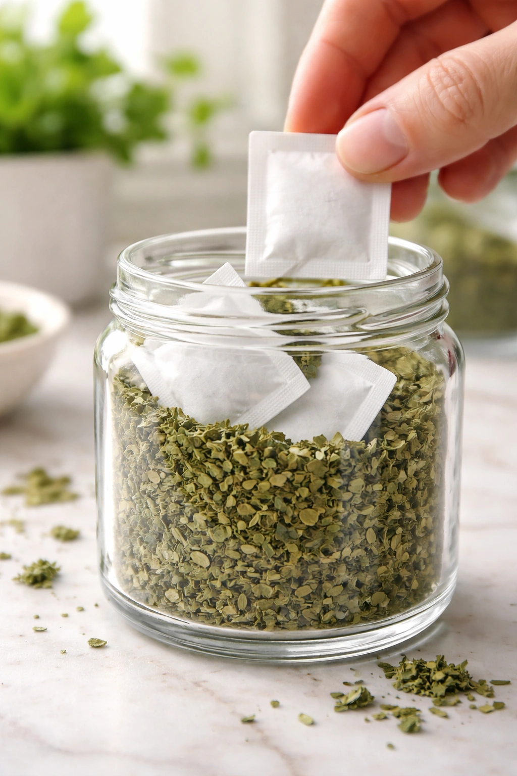 Oxygen absorbers inside a sealed glass jar with dried herbs, illustrating anaerobic storage