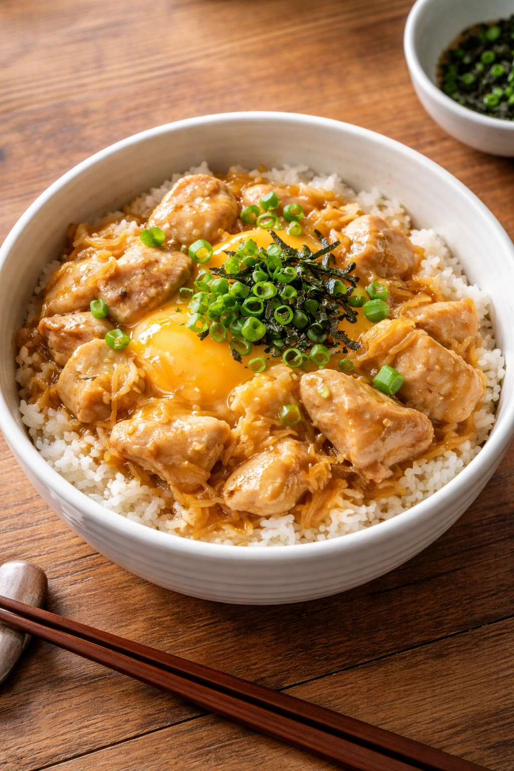 Oyakodon chicken and egg over rice in a bowl