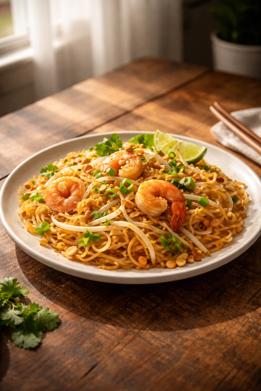 Plate of Pad Thai on wooden table representing final thoughts about the dish.