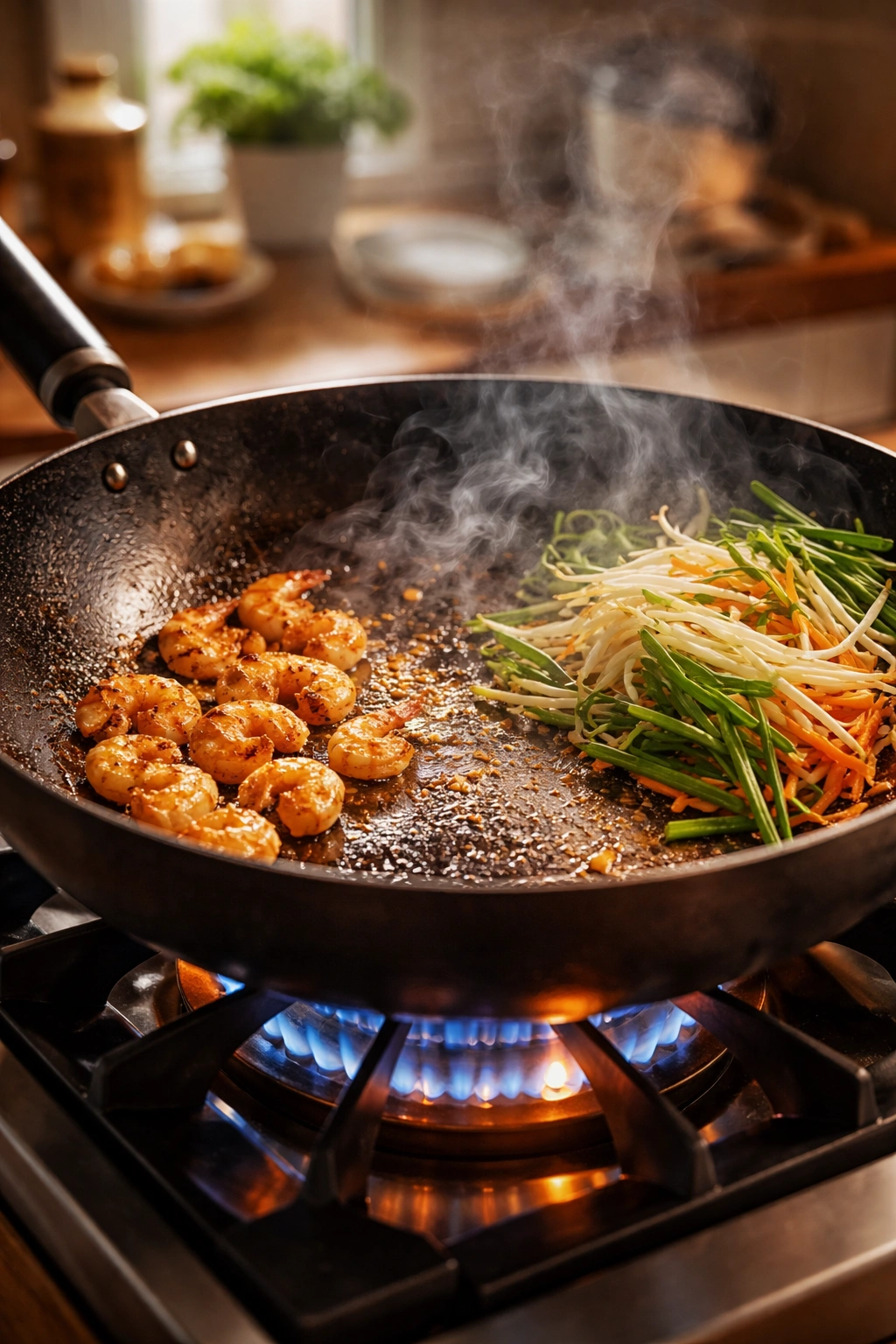 Sizzling pan illustrating the importance of heat in pad Thai