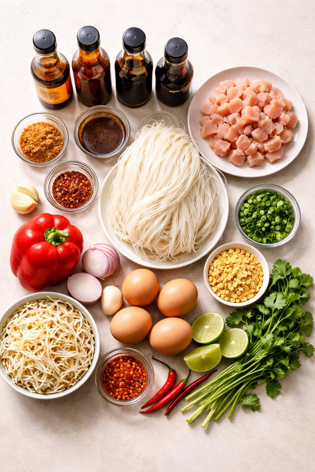 Assorted pad Thai ingredients neatly arranged for a quick 20-minute recipe