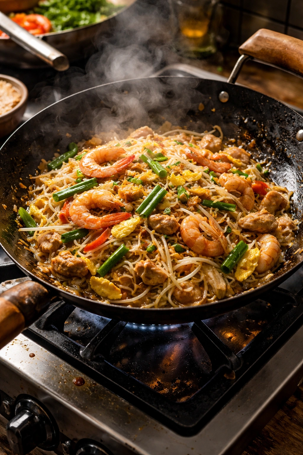 Overcrowded pan illustrating common pad Thai mistakes