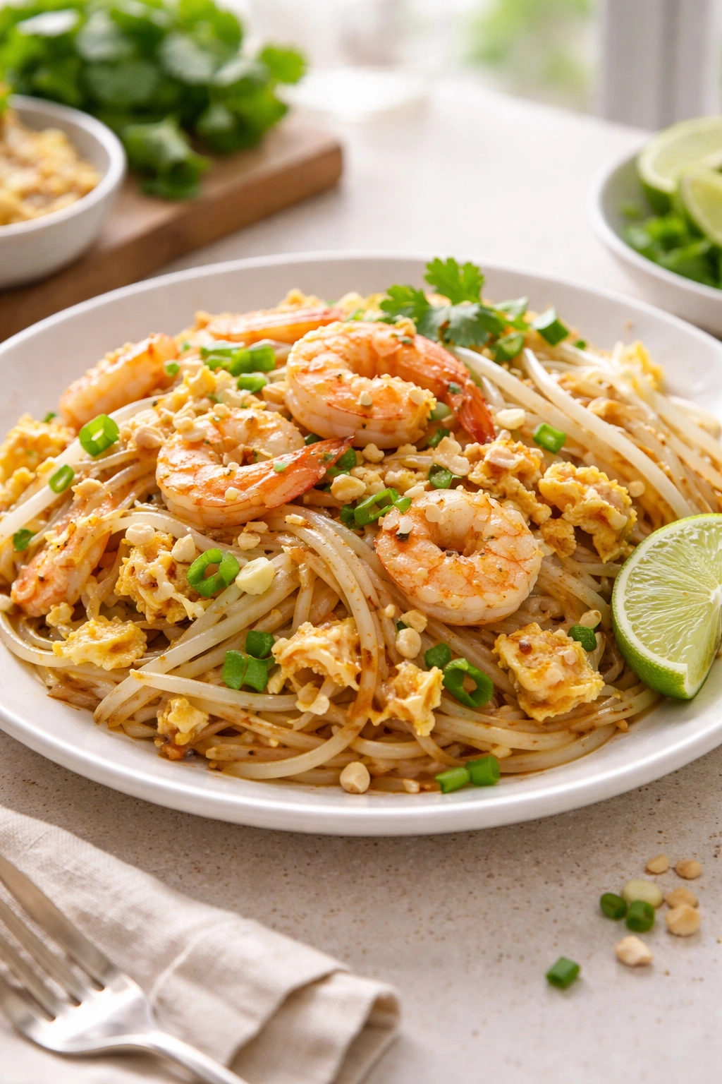 Pad Thai dish on white plate with glossy noodles and shrimp, photographed in natural kitchen lighting