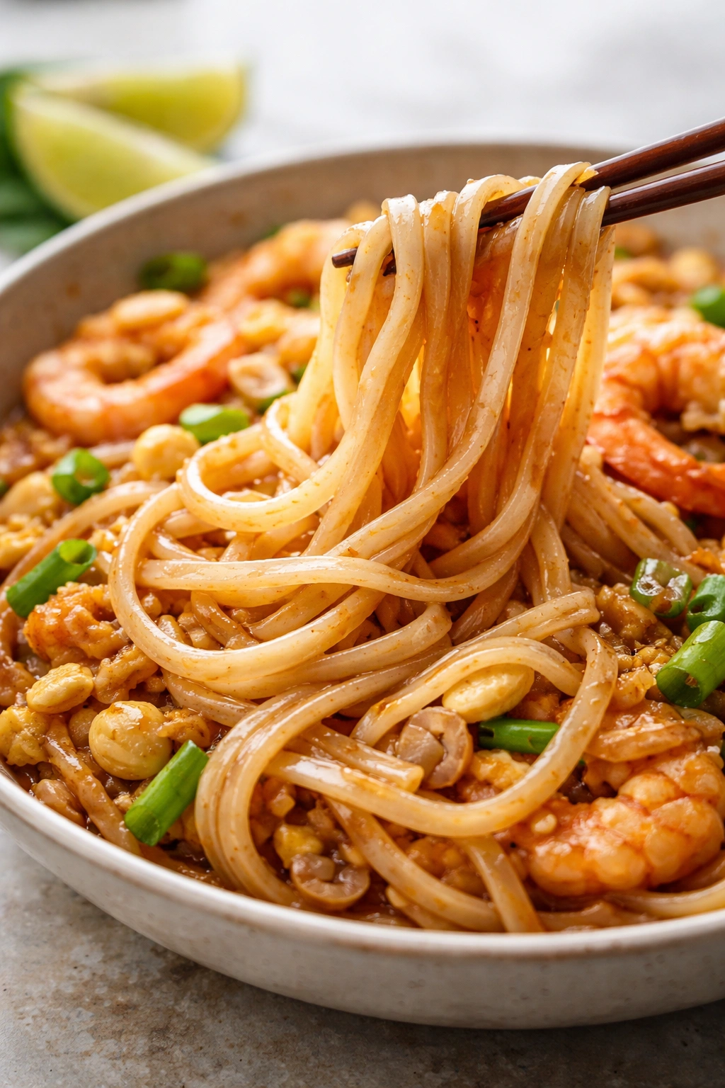 Close-up of thin flat rice noodles coated in glossy Pad Thai sauce